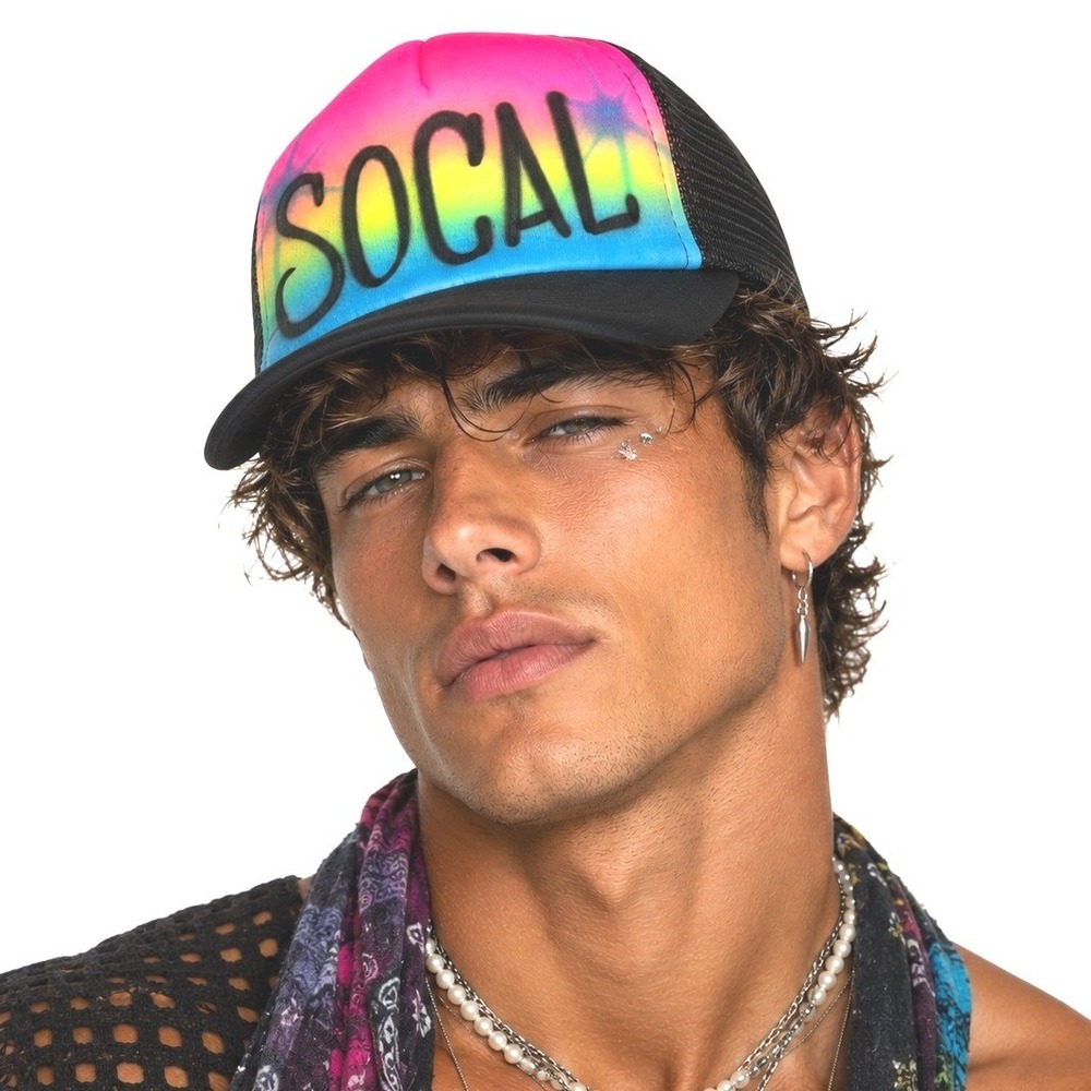 Airhead Hats SOCAL Rainbow Airbrush Trucker Hat Black Mesh Snapback | One Size